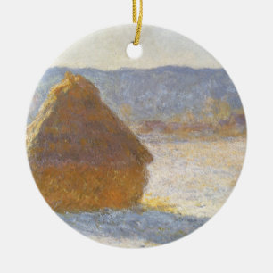 Ornement En Céramique Meule de foin au matin, effet de neige de Claude M