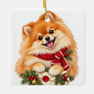 ORNEMENT EN CÉRAMIQUE MIGNON ADORABLE CHIEN DE NOËL POMERANIEN