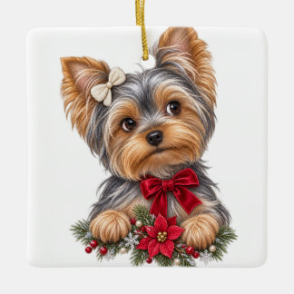 ORNEMENT EN CÉRAMIQUE MIGNON ADORABLE CHIEN DE NOËL YORKSHIRE TERRIER
