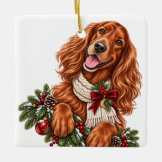 ORNEMENT EN CÉRAMIQUE MIGNON ADORABLE CHIEN IRISH SETTER DE NOËL