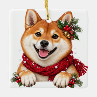 ORNEMENT EN CÉRAMIQUE MIGNON ADORABLE CHIEN SHIBA INU DE NOËL