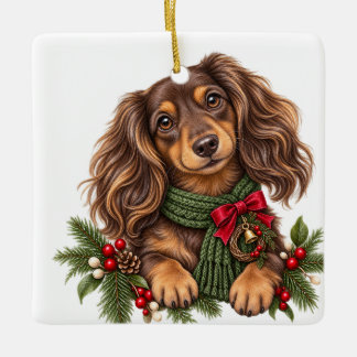 ORNEMENT EN CÉRAMIQUE MIGNON ADORABLE NOËL PELAGE LONG DOXIE CHIEN