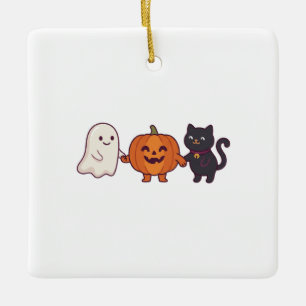 Ornement En Céramique Mignon Fantôme Chat Noir & Citrouille Halloween