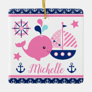 Ornement En Céramique Mignon motif baleine rose et ancres nautiques