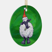 Ornement En Céramique Mignonne mouton à Santa Chapeau sur vert (Droite)