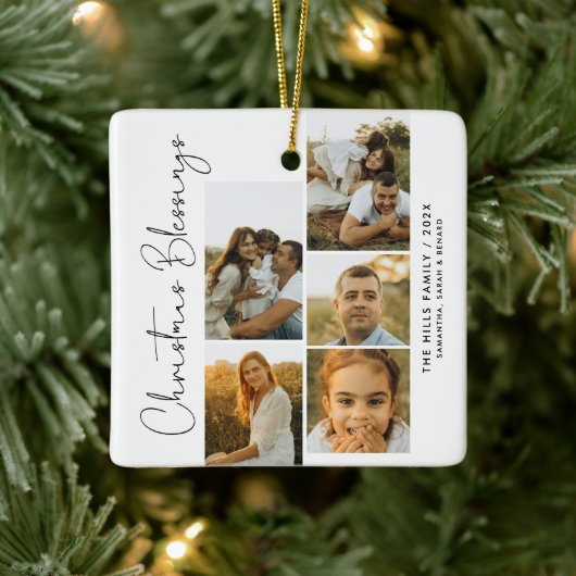 Ornement En Céramique Minimal Christmas Blessings Script Family 5 Photos (Arbre)