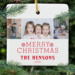 Ornement En Céramique Modern Merry Christmas Family 3 Photo Collage