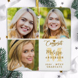 Ornement En Céramique Moderne 3 Collage photo Graduation personnalisée<br><div class="desc">Célébrez votre diplômé avec notre ornement élégant et moderne de collage photo - la façon parfaite de commémorer votre journée spéciale! Ce gardien simple mais étonnant dispose d'espace pour trois photos personnalisées, avec votre nom et votre année scolaire pour une touche vraiment personnalisée. Que vous fêtiez un baccalauréat, un collège...</div>