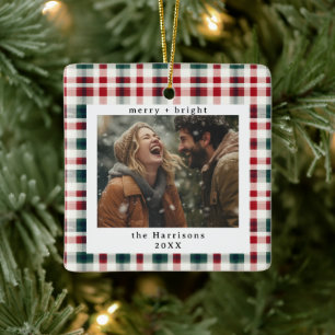 Ornement En Céramique Moderne Plaid Rustique Monogramme Photo Noël