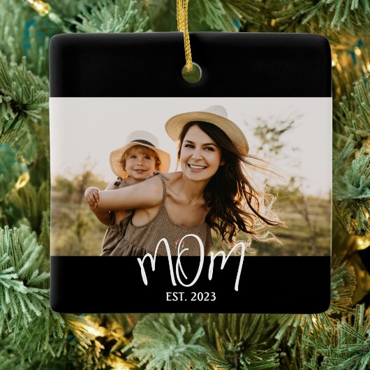 Ornement En Céramique Mom Established Black White Script Photo