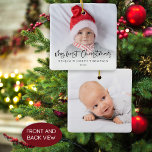 Ornement En Céramique Mon premier Noël 2 Photos Script Baby<br><div class="desc">Mon premier Noël 2 Photos Script Bébé fille ou garçon Nom et année. Grand cadeau de gardien. Un script set ludique pour Mon premier Noël et facile à personnaliser avec le nom de votre bébé et l'année et remplacer les exemples de photos de chaque côté avec vos propres favoris. À...</div>
