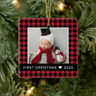 Ornement En Céramique Mon premier Noël Red Buffalo Plaid Baby Photo