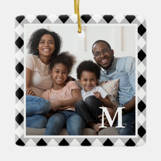 Ornement En Céramique Monogramme de Jacquard noir et blanc rustique (Devant)