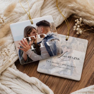 Ornement En Céramique Monogramme de photo de fiançailles de couple minim