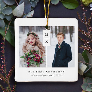 Ornement En Céramique Monogramme moderne Notre premier Noël avec photo