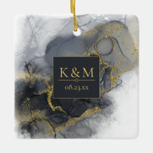 Ornement En Céramique Moody Ink Charcoal Gold Abstrait Blk ID988