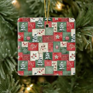 Ornement En Céramique Motif de Noël en patchwork de campagne