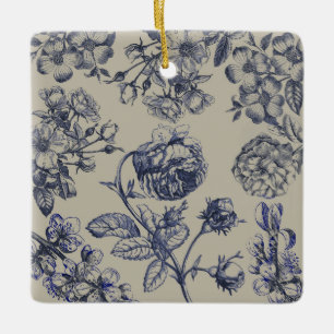 Ornement En Céramique Motif floral botanique toile bleue vintage antique