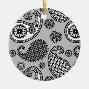 Ornement En Céramique Motif Paisley, tons gris, noir et blanc