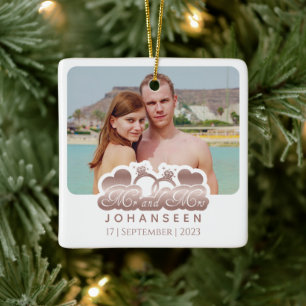 Ornement En Céramique Mr & Mrs Rose moderne Gold Couple Photo Noël