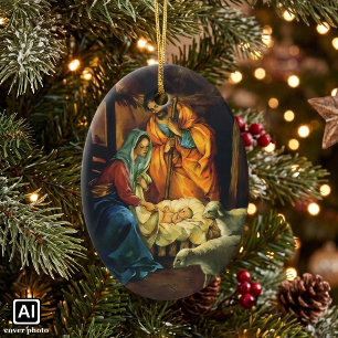 Ornement En Céramique Nativité de Noël Vintage, Baby Jesus in Manger