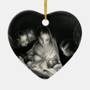 Ornement En Céramique Nativity Baby Jesus Virgin Mary Angels Black White