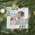 Ornement En Céramique Naturellement Joyeux | Photo personnalisée botaniq<br><div class="desc">Cette saison des Fêtes,  commémorez une année spéciale avec cet élégant ornement de Noël photo personnalisée. Des sprigs gracieux d'aquarelle peinte en vert profond encadrent votre photo,  avec votre nom et l'année. Ajoutez une deuxième photo au verso.</div>