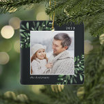 Ornement En Céramique Naturellement Joyeux | Photo personnalisée botaniq<br><div class="desc">Cette saison des Fêtes,  commémorez une année spéciale avec cet élégant ornement de Noël photo personnalisée. Des sprigs gracieux d'aquarelle peinte en vert profond encadrent votre photo,  avec votre nom et l'année. Ajoutez une deuxième photo au verso.</div>