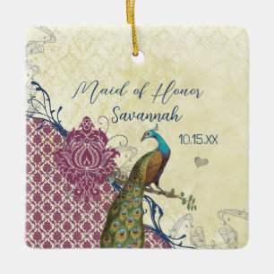 Ornement En Céramique Navy & Berry Berry Élégant Damassé Paon Mariage