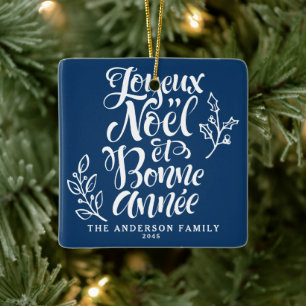 Ornement En Céramique Navy Blue Joyeux Noël et Bonne Année Calligraphie
