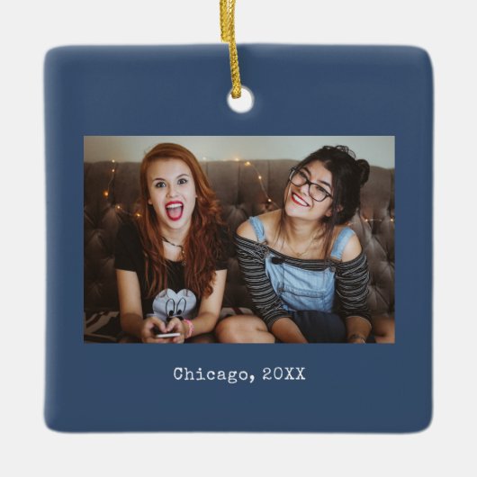 Ornement En Céramique Navy Blue Photo Keepsake Christmas (Devant)