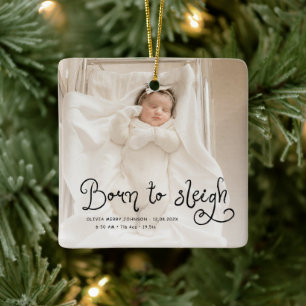 Ornement En Céramique Né pour dévaler bébé photo naissance stats Noël