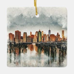 Ornement En Céramique New York City Manhattan Skyline - médias mixtes