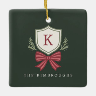 Ornement En Céramique Noël à l'arc de blason de monogramme personnalisé