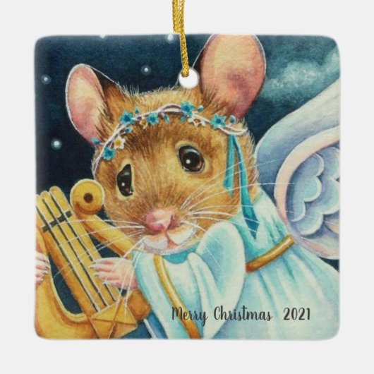Ornement En Céramique Noël Angel Souris Jouer Lyre Aquarelle Art (Devant)