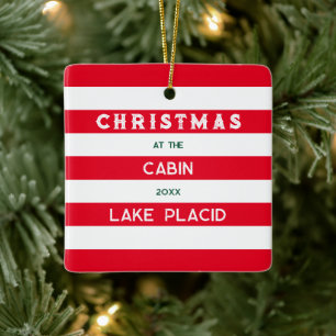 Ornement En Céramique Noël Au Cabine Red Nautical Stripe Lake