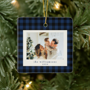 Ornement En Céramique Noël avec photo personnalisée carreaux buffle bleu