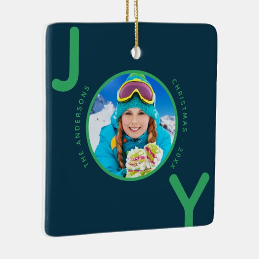 Ornement En Céramique Noël bleu Vert photo joie nom de famille (Droite)