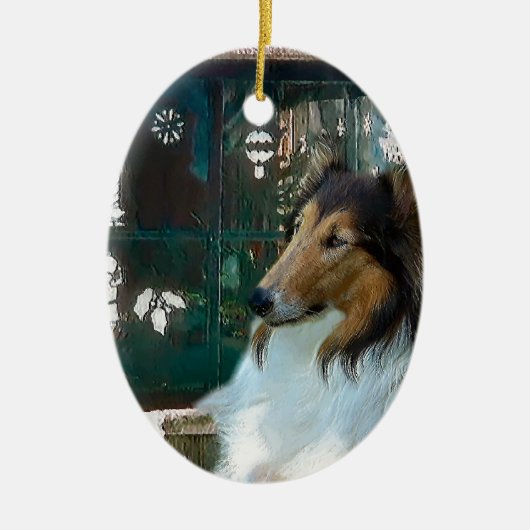 Ornement En Céramique Noël Collie à la fenêtre (Devant)