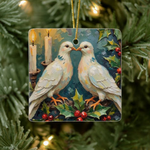 Ornement En Céramique Noël Couronne de houx et colombes blanches vintage
