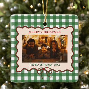 Ornement En Céramique Noël de photo de famille à carreaux verts avec noe