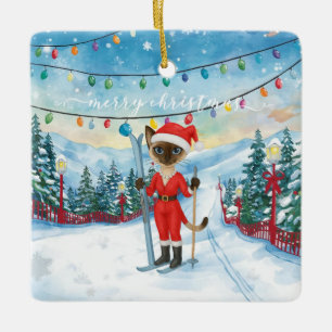 Ornement En Céramique Noël de ski pour Père Noël Amoureux de les chats s