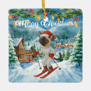 Ornement En Céramique Noël de ski pour Père Noël Amoureux de les chats s