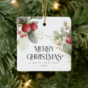 Ornement En Céramique Noël Elegant Aquarelle Berry Classic Round S