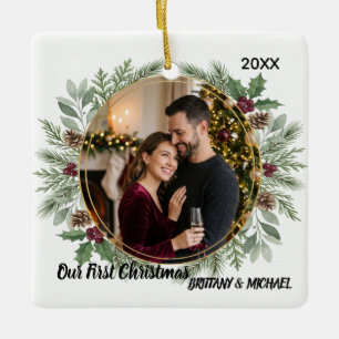 Ornement En Céramique Noël Élégant Couple au Pin Aquarelle