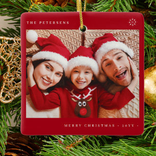 Ornement En Céramique Noël élégant minime amusant photo famille rouge