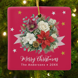 Ornement En Céramique Noël Férié Rouge Floral Élégant