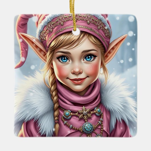 Ornement En Céramique Noël festif des elfes roses adorables (Devant)