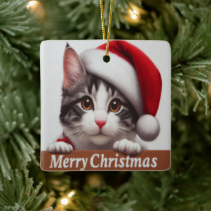 Ornement En Céramique Noël Japonais Bobtail Chat, Xmas Père Noël Kitten