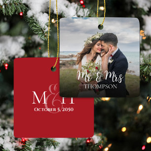 Ornement En Céramique Noël M. et Mme Élégant Photo Calligraphie